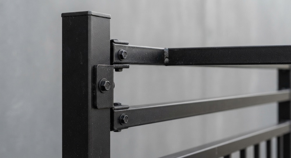 Detalle de un poste y rieles de cerca de acero negro